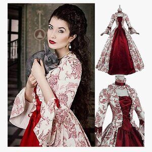 Womens Victorian Medieval Halloween Cosply Costume Floral Bell Sleeves Dress